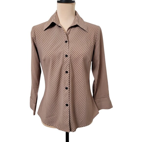 Notations Size S Tan w/Black Diagonal Stripe Fitted Long Sleeve Button Down Top - Picture 1 of 12